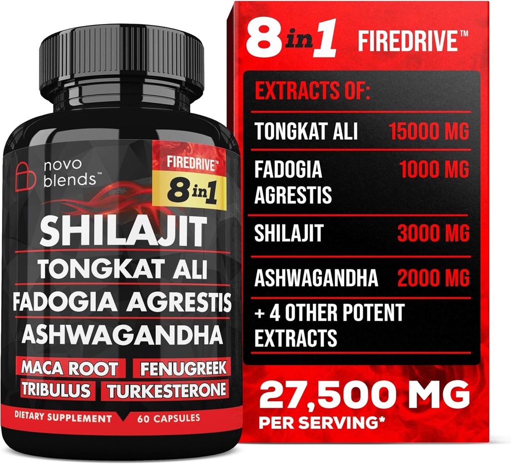 Shilajit 3000mg Tongkat Ali 15.000mg Fadogia Agrestis 1000mg Maca Root 2000mg Ashwagandha 4000mg Fenegriek 1500mg Tribulus Terrestris 500mg Turkesterone 500mg, 8-in-1 Supplement Blend voor mannen