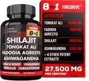 Shilajit 3000mg Tongkat Ali 15.000mg Fadogia Agrestis 1000mg Maca Root 2000mg Ashwagandha 4000mg Fenegriek 1500mg Tribulus Terrestris 500mg Turkesterone 500mg, 8-in-1 Supplement Blend voor mannen