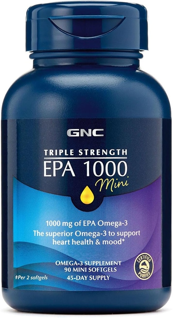 GNC Triple Strength Fish Oil EPA 1000 Mini, 1000mg Omega 3, Mini Softgels, Ondersteunt Oog, Hersen, Huid, Gezonde Triglyceriden, Hart, Gewricht, Gecoated om Fishy Burps te controleren, 45 porties