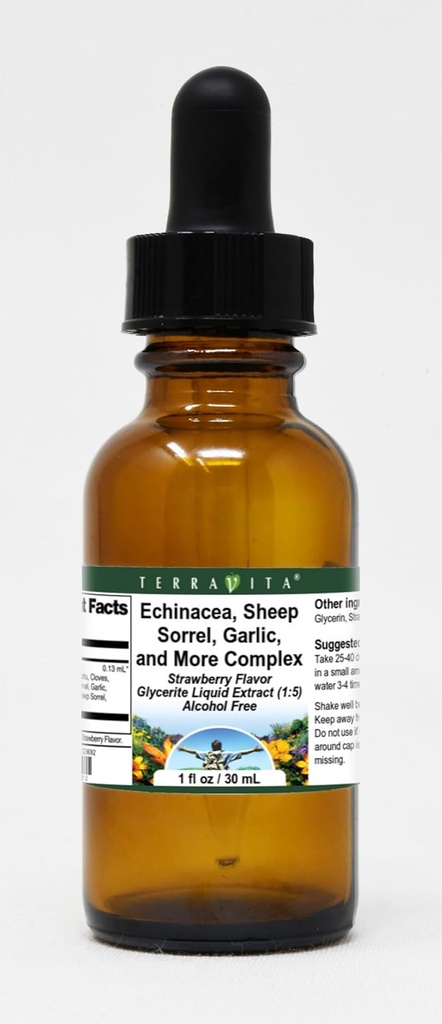 Terravita Echinacea, Sheep Sorrel, Knoflook, en meer Complexe Glycerite Liquid Extract (1:5) - Aardbei Gearomatiseerd (1 oz, ZIN: 523692)