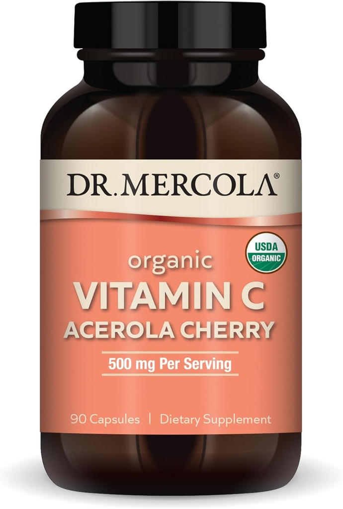 Dr. Mercola Biologische Vitamine C Acerola Cherry, 30 porties (90 Capsules), 500 mg per portie, Dieetsupplement, Ondersteunt gezonde immuunfunctie, Niet-GMO, Gecertificeerd USDA Organisch