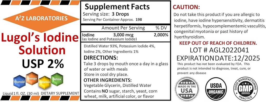 A2Z Iodine biologique de Lugol et Iodide de potassium 2% Solution 3000 mcg - Des gouttes de supplément liquide pour le soutien de la thyroïde pour les femmes et les hommes, Métabolisme Santé, Detox Boost -1 Fl Oz/Fabriqué aux États-Unis/Sem mêmes jours