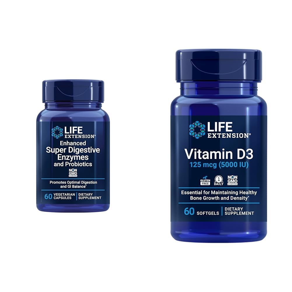 Prolongation de vie 60-Count Super Enzymes Digestifs et 5000 UI Vitamine D3 Capsules pour la digestion, os, cerveau, santé immunitaire
