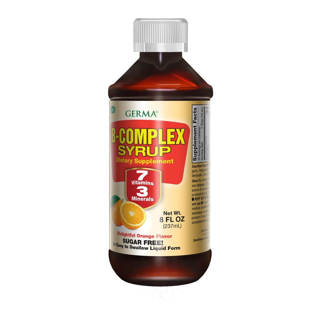 Germa B-Complex Siroop. Dieetsupplement. Bot gezondheid, groei en ontwikkelingshulp. Suikervrij. Oranje smaak. 8 oz