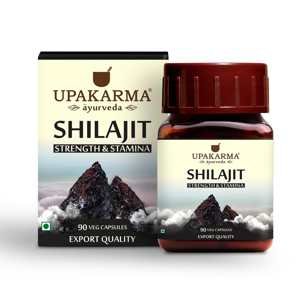 Upakarma Ayurveda 100% Pure Shilajit 90 Capsules for Strength,Stamina,Immune Support,Natural Source of Fulvic Acid & Trace Minerals-1000 MG for 2 Capsule(Dagelijkse dosering), 45 Days of Supply - Pack of 1