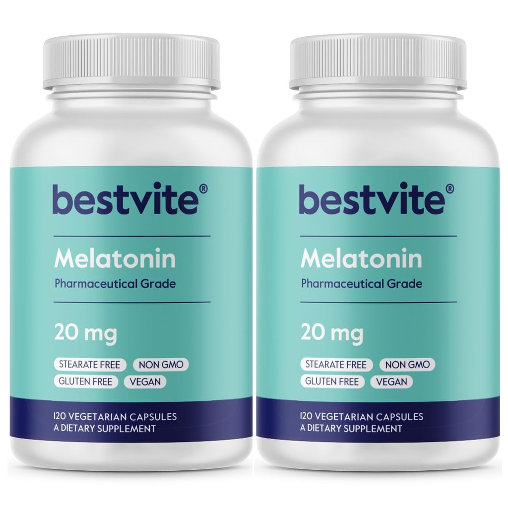 BESTVITE Melatonine 20mg (240 Vegetarische Capsules) (120 x 2) - Geen Stearates - Veganistisch - Niet GGO - Glutenvrij