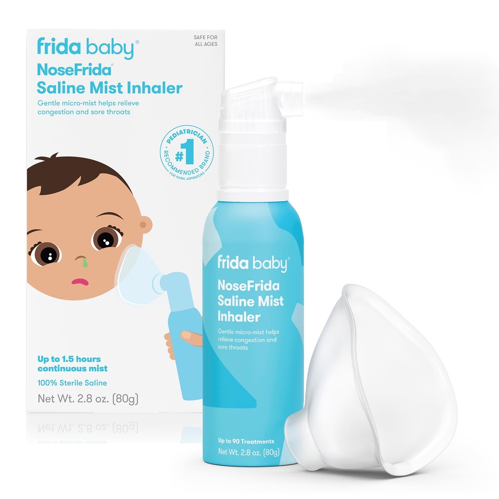 Frida Baby NoseFrida Saline Mist Inhalateur nasal, Vaporisateur pour la congestion et le soulagement de l'allergie pour les bébés + les enfants, Vaporisateur nasal saline, Soothes Stuffy Nez & Mal Gorge, Comprend Masque