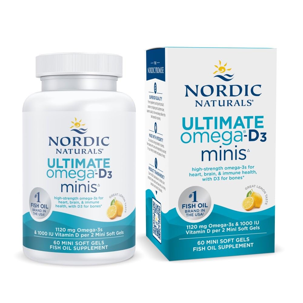 Nordic Naturals Ultimate Omega Mini D3, Lemon Flavor - 60 Mini Soft Gels - 1120 mg Omega-3 + 1000 UI Vitamine D3 - EPA & DHA - Promotion de la santé cérébrale et cardiaque - 30 portions