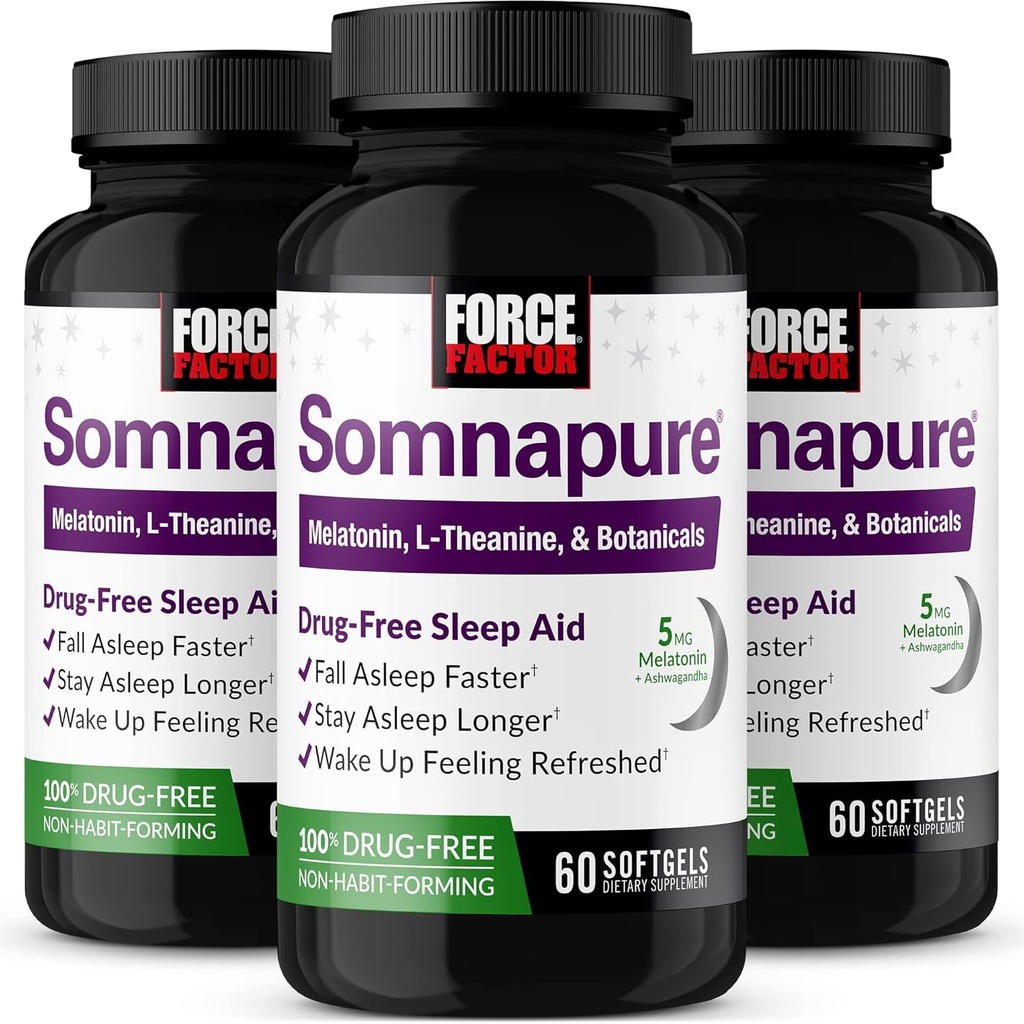 FORCE FACTOR Somnapure Softgels 3-Pack slaaphulp om te vallen Slaap sneller, Blijf langer slapen, wakker worden verfrissend, slaaphulp voor volwassenen met Melatonine, Ashwagandha, Valeriaanwortel, 180 Softgels