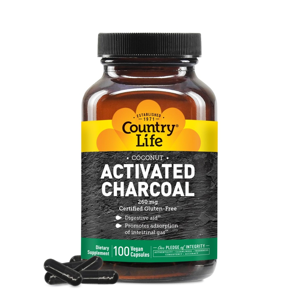 Country Life Coconut Actived Charcoal Capsules, 260mg 