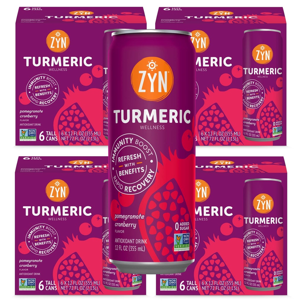 ZYN Kurkuma Wellness Drink (24 Pack), Granaatappel Cranberry Flavored Kurkuma Curcumin Drink met zwarte peper, Geen toegevoegde suiker, lage Carb & Low Calorie Drink, Clean Alternatief