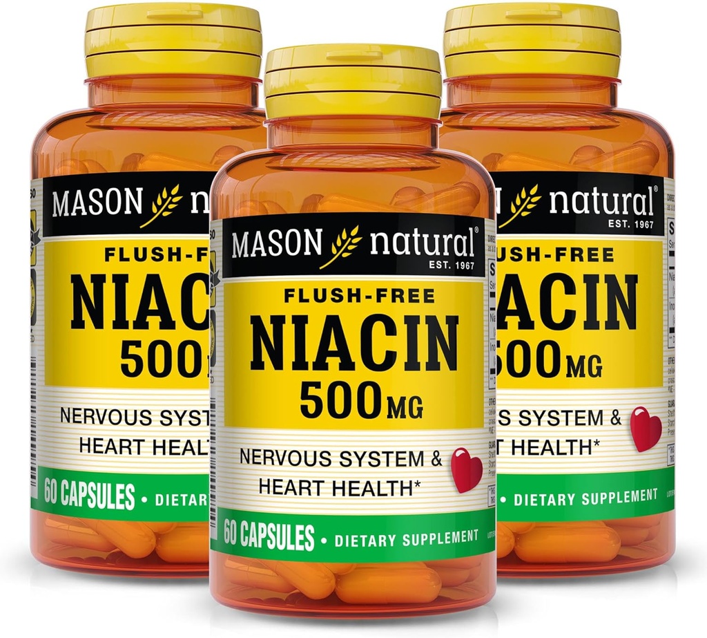 MASON NATUURLIJKE Niacin 500 mg Flush-Free, ondersteunt de gezondheid van het hart, zenuwstelsel en energieproductie, 60 capsules, verpakking van 3