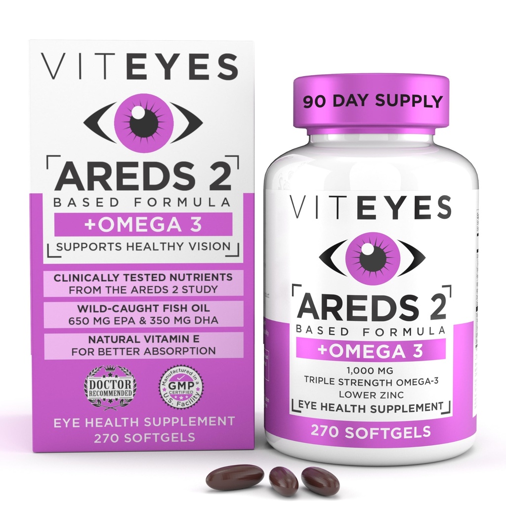 Viteyes AREDS 2 + Omega-3 Macular Support Softgels, Plus Triple Strength Omega-3 (650 mg EPA, 350 mg DHA) voor Hartgezondheid & Ooggezondheid, Oogvitaminen, Vision Supplement, 270 Softgels