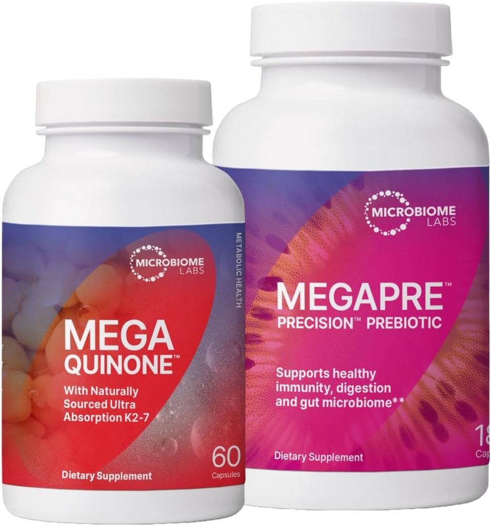 Microbiome Labs MegaPre Prebiotic to Support Digestie & Gut Barrier (180 Capsules) + MegaQuinon K2-7 Complete Vitamine K Supplement met Magnesium, Zink (60 Capsules) - 2 Product bundel