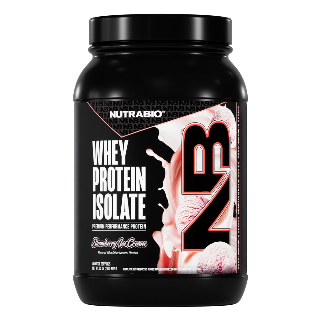 NutraBio 100% Wei Proteïne Isolaat Proteïne Poeder, 25g Proteïne met Compleet Aminozuur Profiel, Non-GMO, Soja & Gluten Vrij, Low Carb, Lage Calorie Wei Proteïne Poeder, Aardbei Ice Cream, 2 Lbs