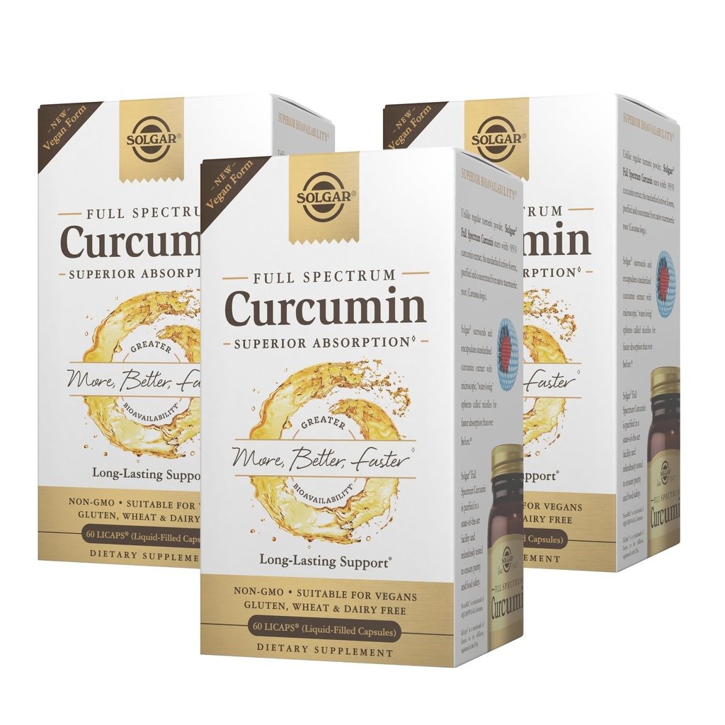 Solgar Full Spectrum Curcumin - 60 LiCaps, Pack of 3 - Superior Absorptie - Hersenen, Gezamenlijke & Immune Health - Non-GMO, Veganistisch, Glutenvrij, Zuivelvrij - 180 TotaalDiensten