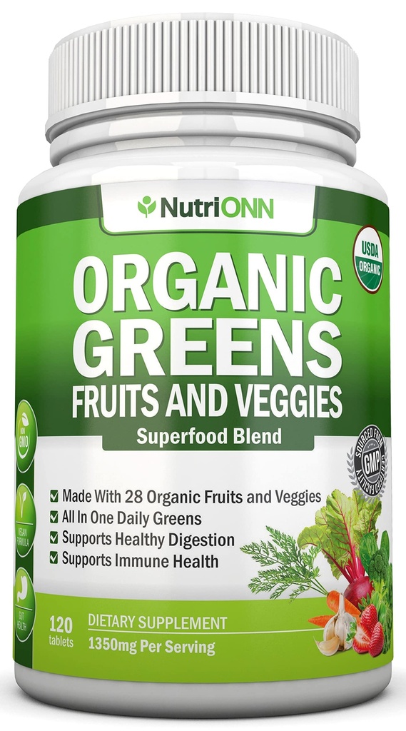 Capsules Super Greens Biologique - Suppléments Fruits et Légumes - 120 Compte - 28 USDA Ingrédients Bio & Vegan Premium - Mélange Superfood pour la santé immunitaire, la digestion et l'énergie - Vitamines alimentaires entières