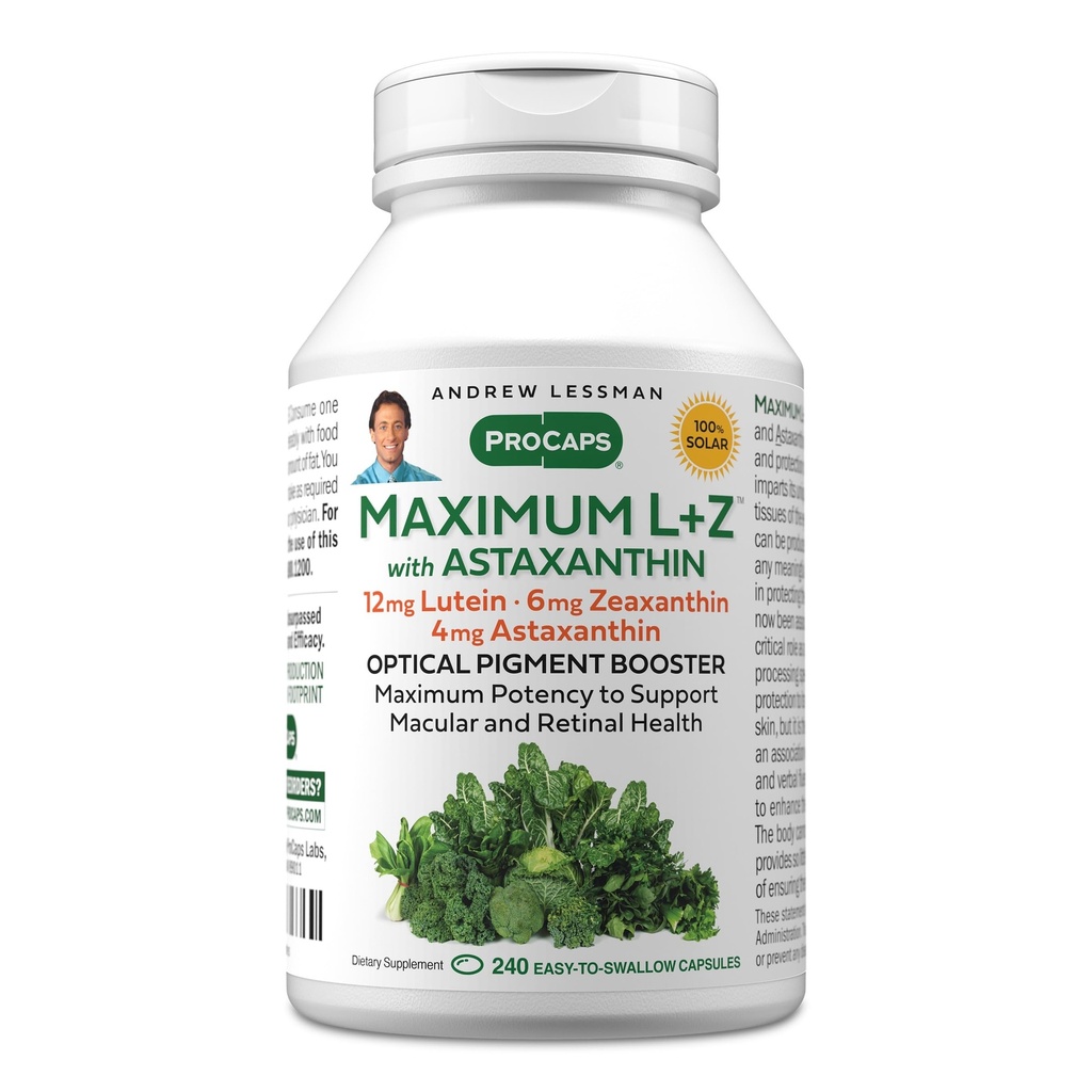 ANDREW LESSMAN Maximum L+Z met Astaxanthine 240 Softgels - 12mg Luteïne, 6mg Zeaxanthine, 4mg Astaxanthine. Belangrijke voedingsstoffen om Eye en Brain Health te ondersteunen en een gezonde visie te bevorderen.