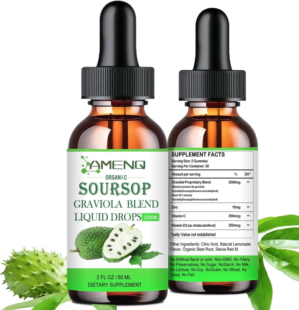 Soursop Bitters Liquid, Organic Pure Soursop Leave and Fruit Extract w. Multivitamine Drops Natural Living Bitters P. Soursop Oil Eetbaar voor Immune & Energy, Antioxidant, Colon Liver Detox, Gut Health
