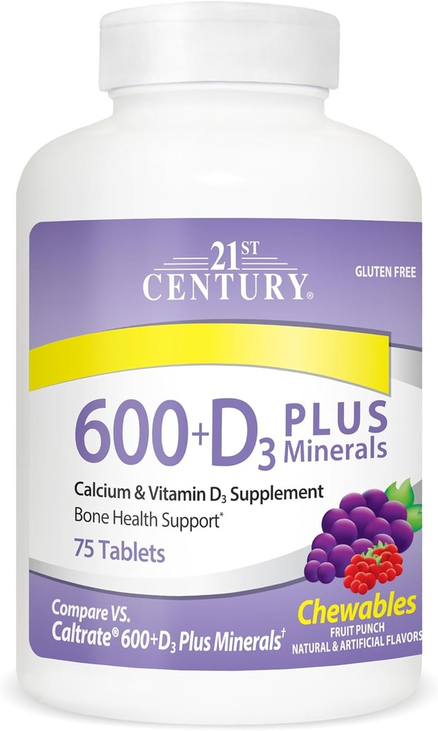 21e eeuw Calcium 600 mg +D Plus Mineralen Kauwtabletten, 75 Tellen