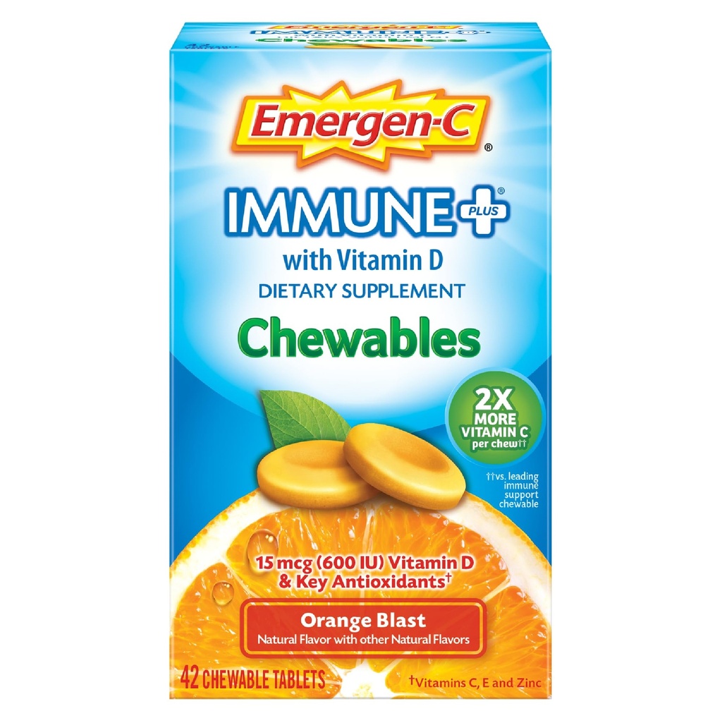 Emergen-C Immune+ Kauwtabletten 1000mg Vitamine C met Vitamine D Tablet, Immune Support Dieetsupplement voor Immuniteit, Oranje Blast smaak, Terug naar School Essentials - 42 Tellen