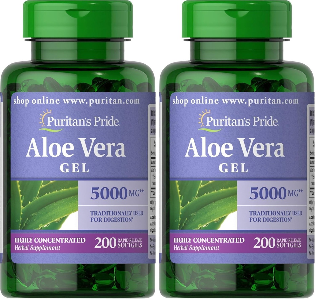Puritan's Pride Aloe Vera Extract 25mg (5000mg Equivalent) Softgels, 200 Count (Packaging May Vary) (Pack of 2)