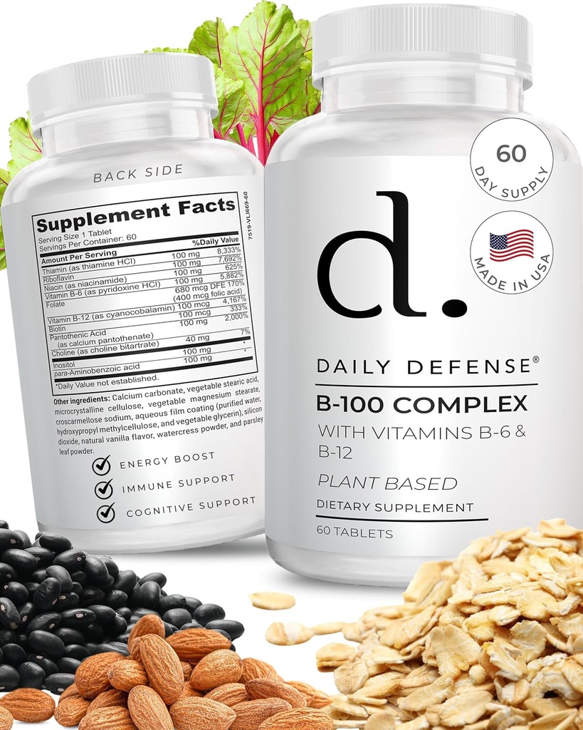 B Complexe vitamines voor mannen en vrouwen B-100 complex met vitamine B-6, vitamine B-12, thiamine, & meer - plantaardige energiesupplementen voor immuun- en cognitieve ondersteuning - 60 tabletten