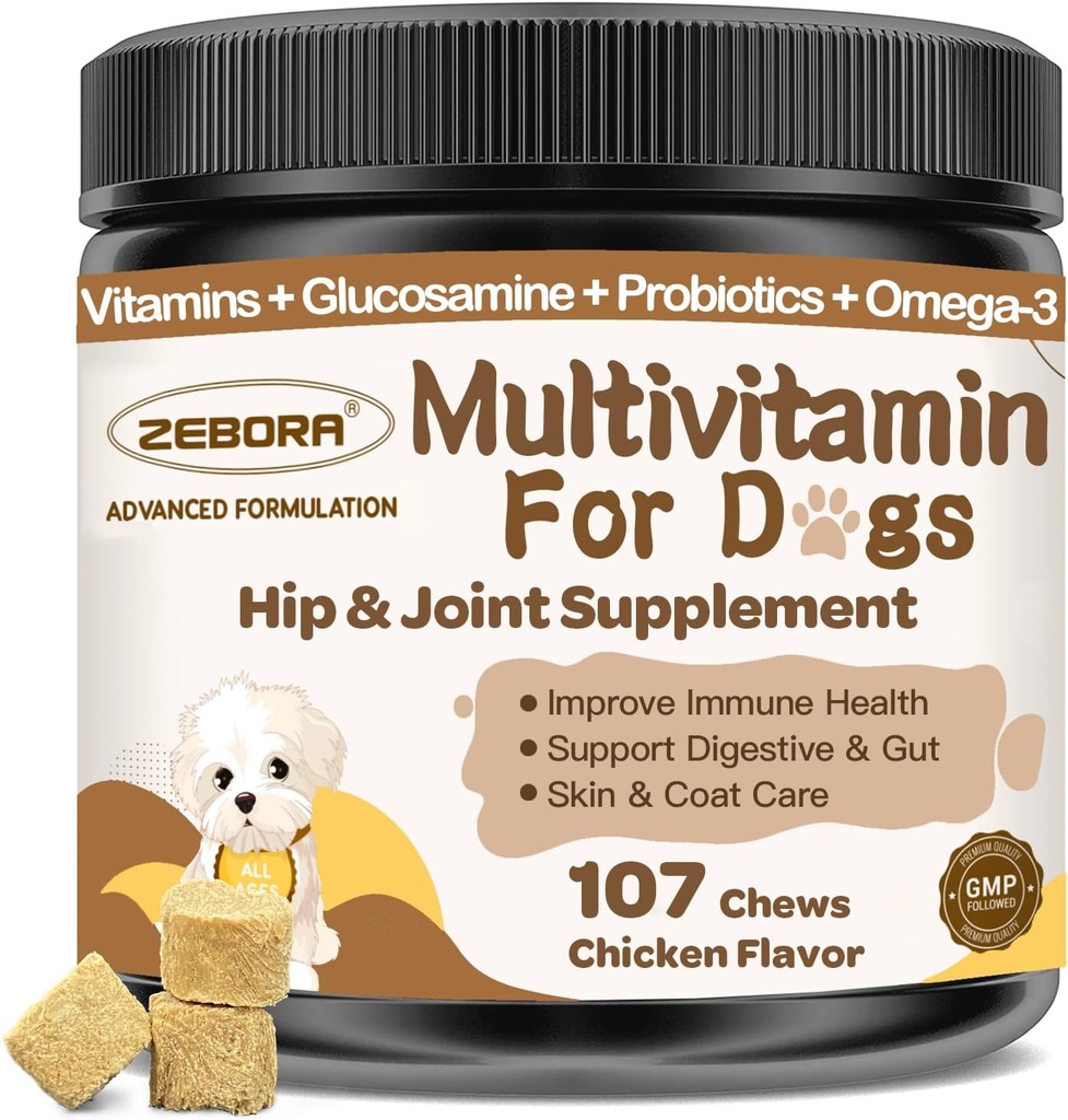 Multivitamine de chien avec des minéraux pour la santé globale - Vitamines de chien et suppléments avec la glucosamine, probiotiques pour chiots et chiens seniors avec des minéraux - Omega 3 Huile de poisson pour la peau et le manteau - 107 Chews