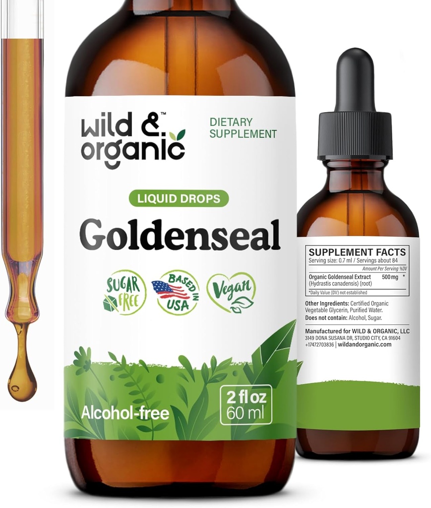 Wild & Organic Goldenseal Root Tinctuur - Lung Cleanse, Immune & Digestief Ondersteuning - Liquid Goldenseal Supplement - Vegan, Sugar & Alcoholvrije Herb Drops - 2 fl oz