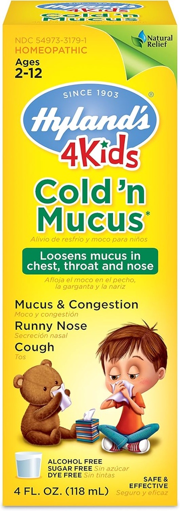 Hyland's Cold Medicine for Kids Ages 2 and up, Cold 'n Mucus Relief Liquid, Natural Relief of Mucus and Congestie, Runny Nose, Cough, 4 Ounces