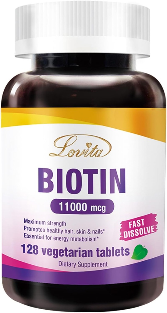 LOVITA maximale sterkte 11.000mcg Biotine: snel oplossend, vegetarisch tabletten - gemakkelijk geabsorbeerd, glutenvrij en zuivelvrij, 128 Vegan-vriendelijke tabletten