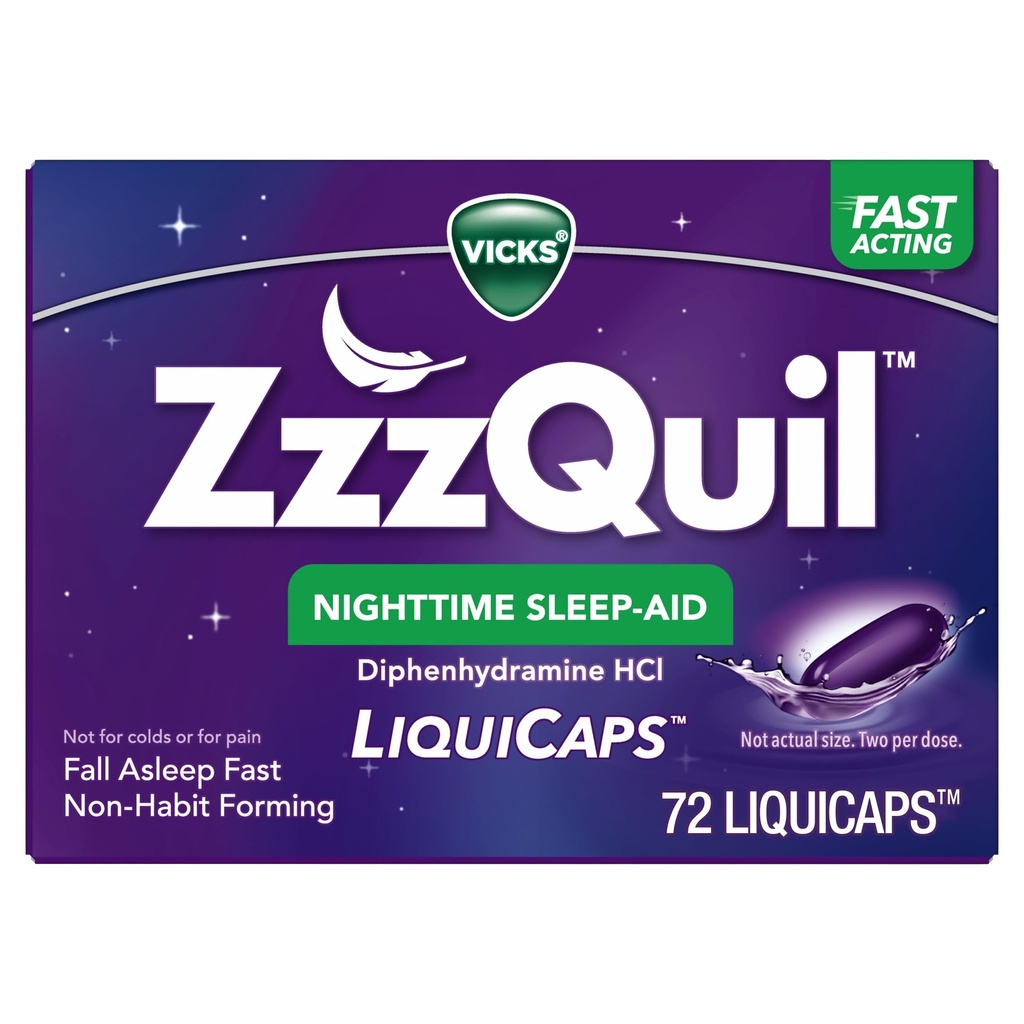 ZzzQuil LiquiCap Aide au sommeil, Diphenhydramine 25mg HCl, Aide au sommeil pour les adultes, Aide au sommeil nocturne, 72 LiquiCaps