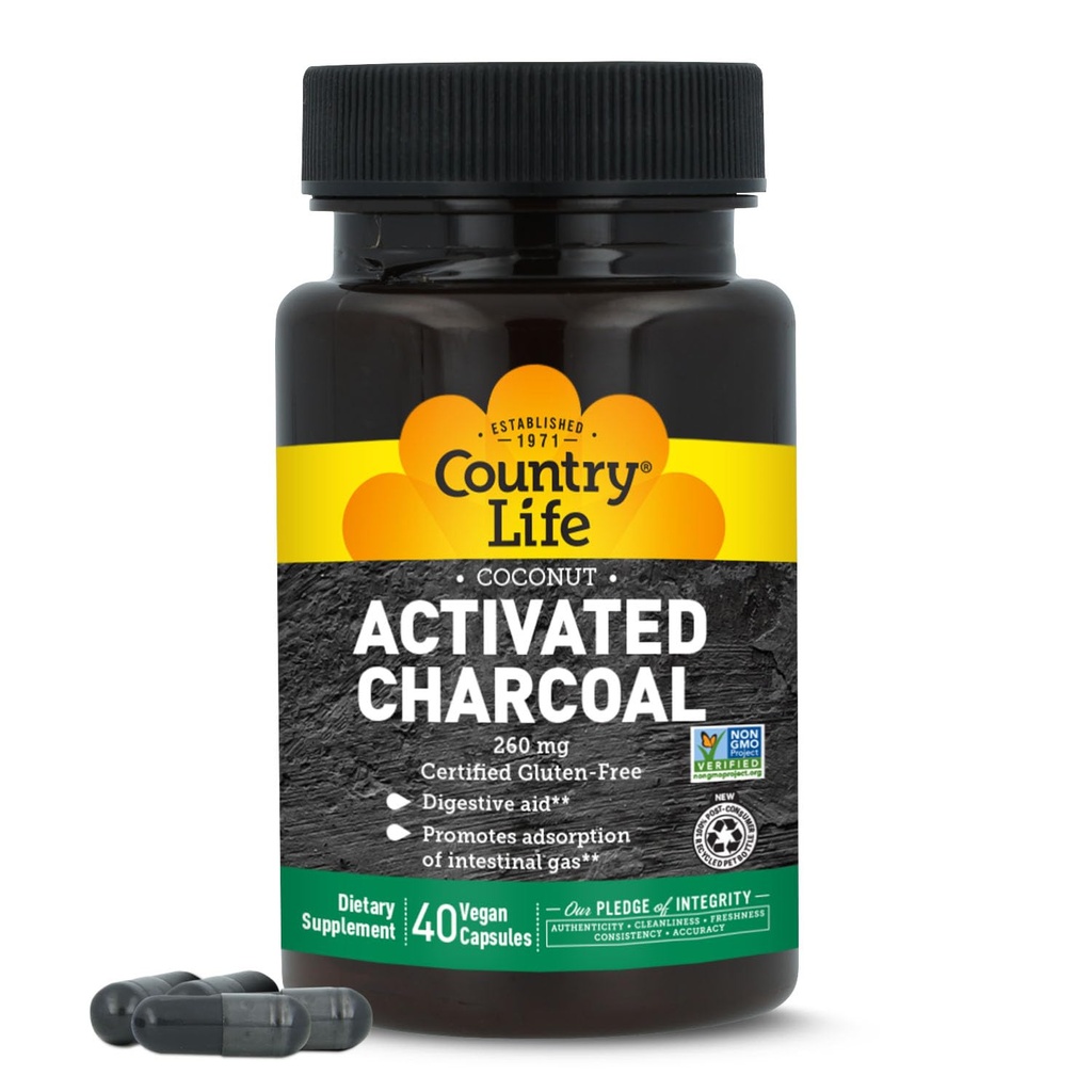 Country Life Coconut Actived Charcoal Capsules, 260mg 