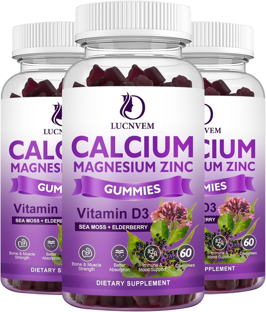Calcium Magnesium Zink Gummies wit Vlierbes en Zee Mos, Calcium Magnesium 2:1, Bevat Magnesium Glycinate, Vitamine D3, voor botten, spieren, Kalm Mood & Slaap Ondersteuning, 60 Gummies(3 Packs)