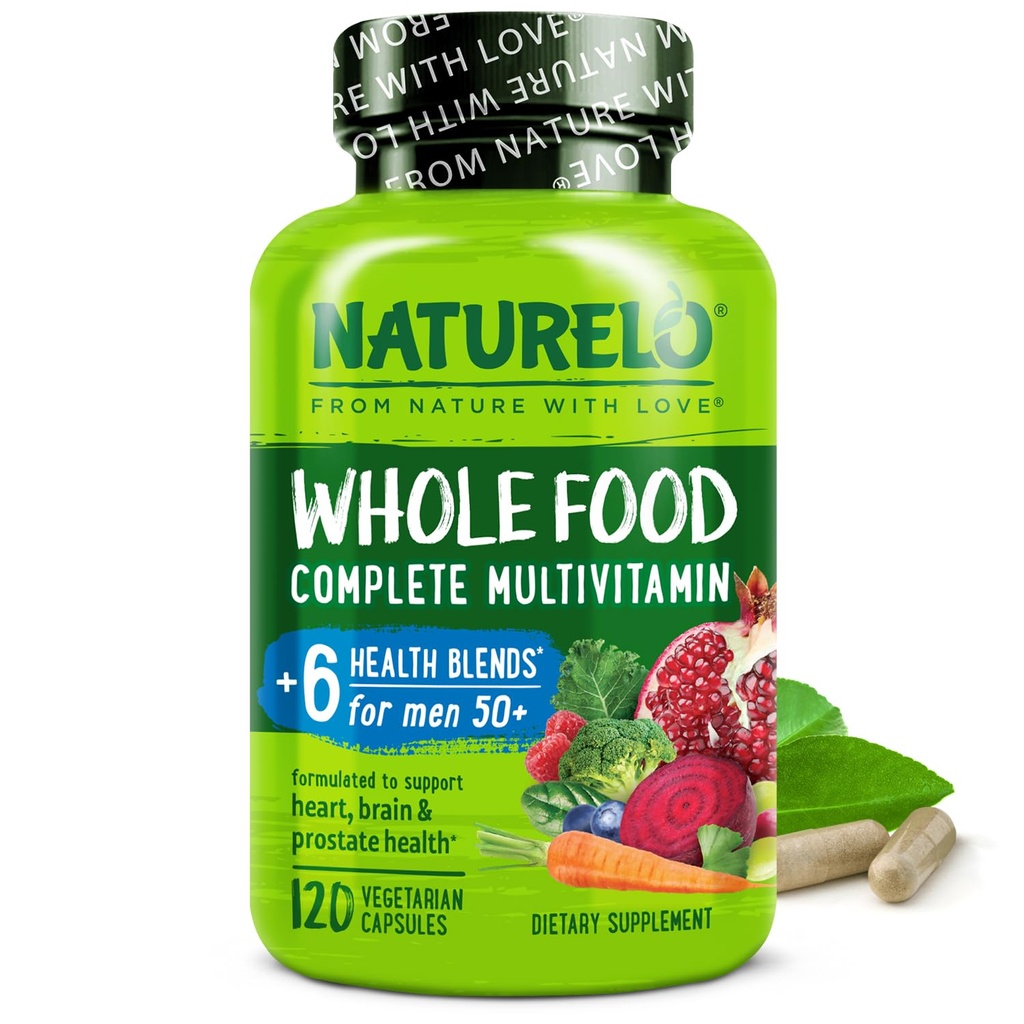 NATURELO Whole Food Multivitamine voor mannen 50+ - met vitamines, mineralen, biologische plantaardige extracten - Vegan Vegetarian - voor energie, hersenen, hart en oog Gezondheid - 120 capsules