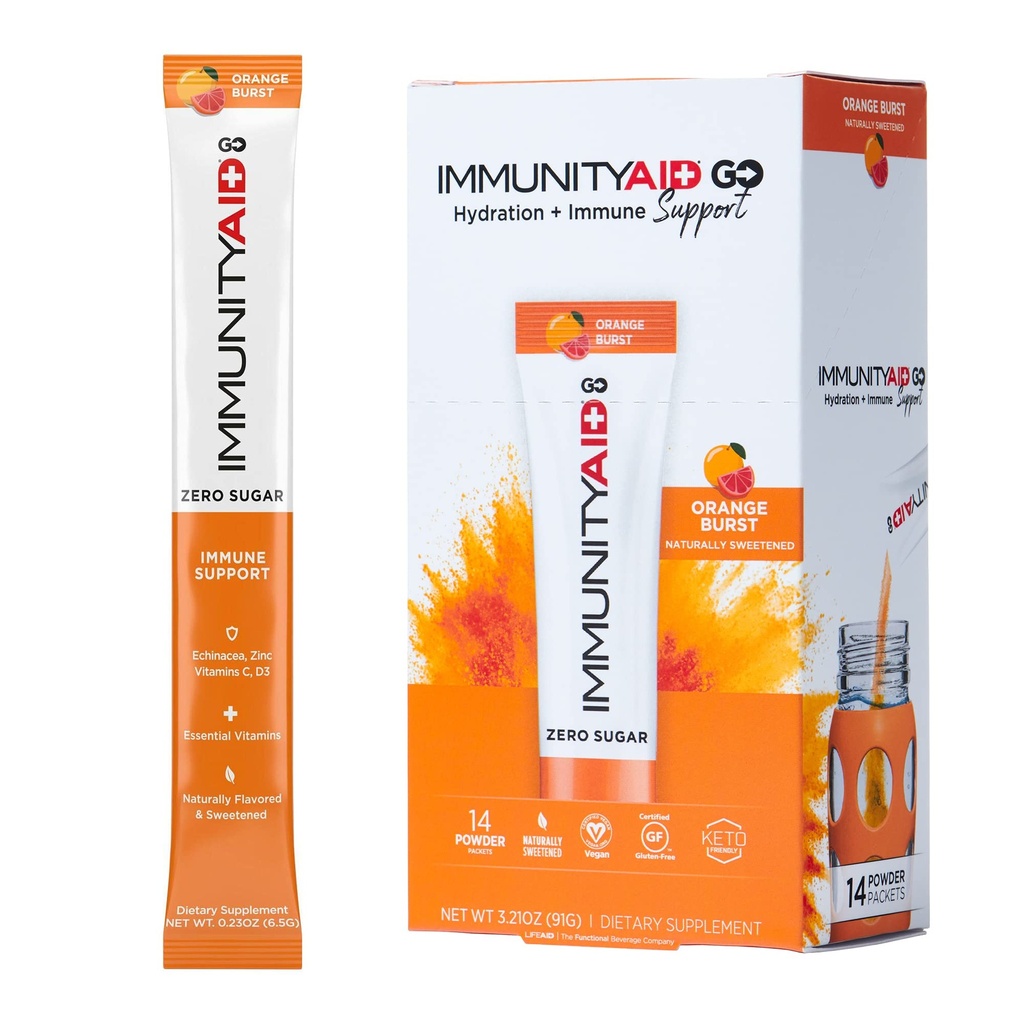 LEVENAD IMMUNITYAID GAAN! Zero Sugar Immunity + Hydration Packet, Vitamine C, Echinacea, Zink, Astragalus Root, Keto-vriendelijk, Veganistisch & Glutenvrij, 5 calorieën, natuurlijk zoet, Geen cafeïne, 14 Pack