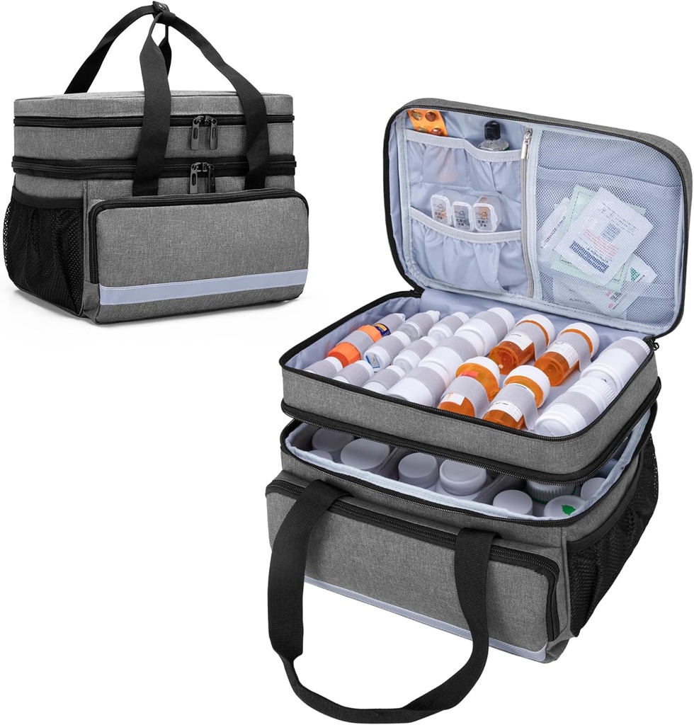 CURMIO Double Layers Pill Bottle Organizer Bag Lege, Medicine Organizer opslag geval met afsluitbare ritssluitingen, Medication Travel Bag voor recept flessen, medische benodigdheden, grijs (Patent Design)