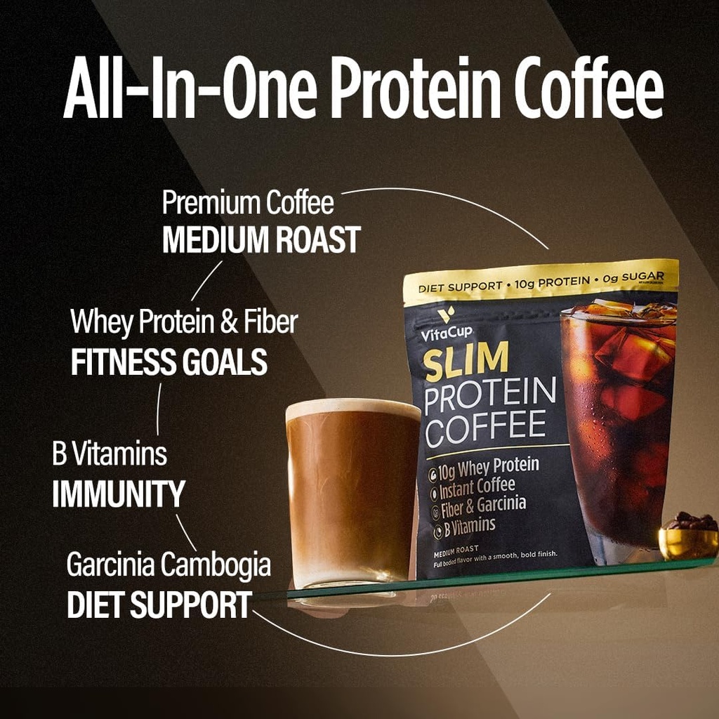VitaCup Slim Proteïne Coffee Shake voor Dieet Ondersteuning, Instant Coffee w/Whey Protein Powder, B Vitaminen & Fiber, Dieet ontwikkeld voor prestaties en smaak, Make as Iced Koffie or Shake, 20 Servers