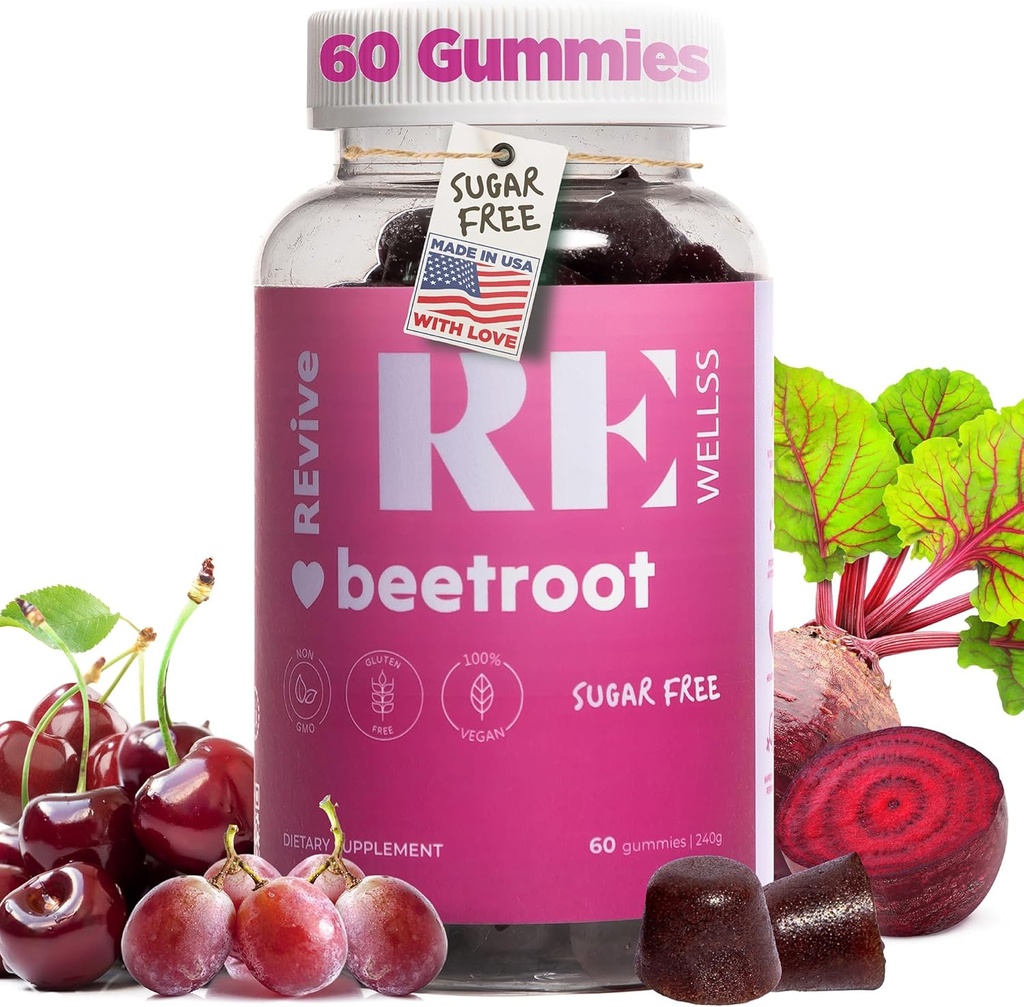 Beetwortel Gummy's met druivenzaad Extract energie-supplementen I Suikervrij Nitric Oxide Supplementen voor mannen & vrouwen I Algemene gezondheid & bloeddruk ondersteuning I 60 Gummies - Cherry Flavor