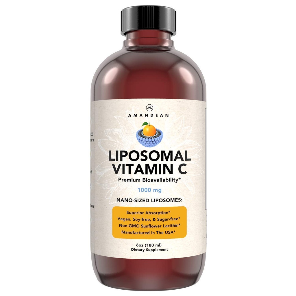 AMANDEAN Vitamine liposomique C 1000mg. Supplément VIT C liquide. Soutien immunitaire, santé de la peau, production de collagène. Livraison d'antioxydants à absorption rapide. Quali-C, sans soja, végétalien, non OGM.