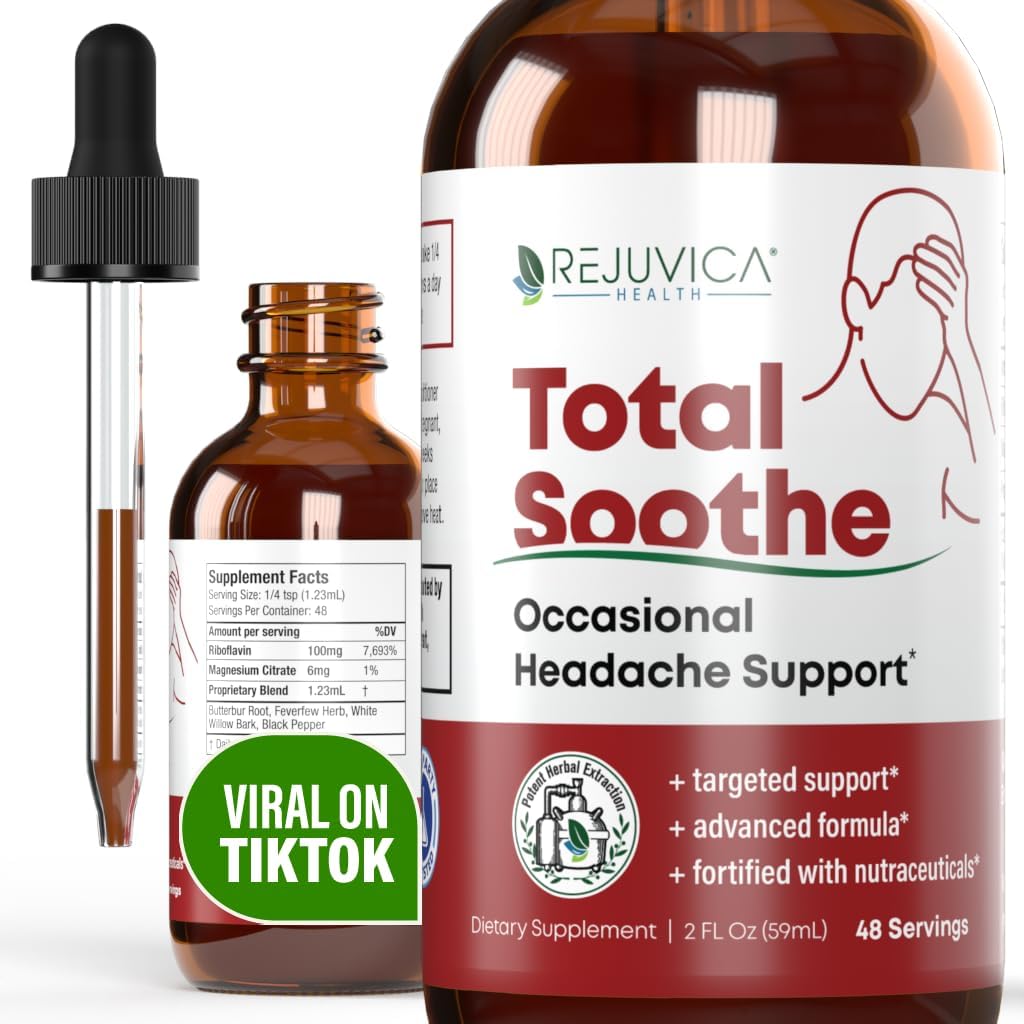Rejuvica Health Total Soothe - Geavanceerde Af en toe Hoofdpijn Ondersteuning Supplement - vloeibare levering voor betere absorptie - Koorts weinig, Riboflavine, Butterbur, Black Pepper & meer!