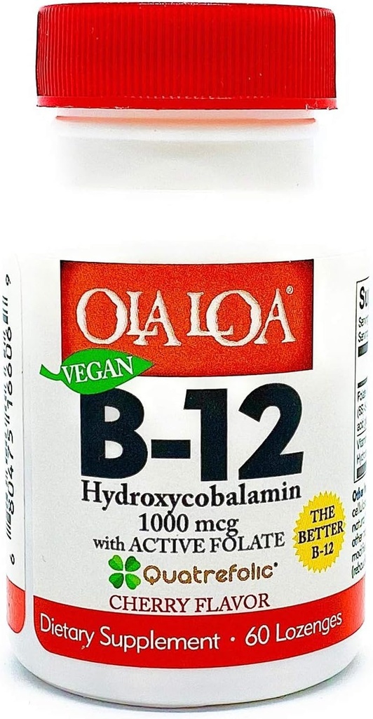 Ola Loa Vitamine B12 Sublingual Cherry Dietary Supplement - HydroxyCobalamine, Active Folate, Vegan Formula - Promote Your Body's Energy, Nerve, and Brain Support - 60 tabletten