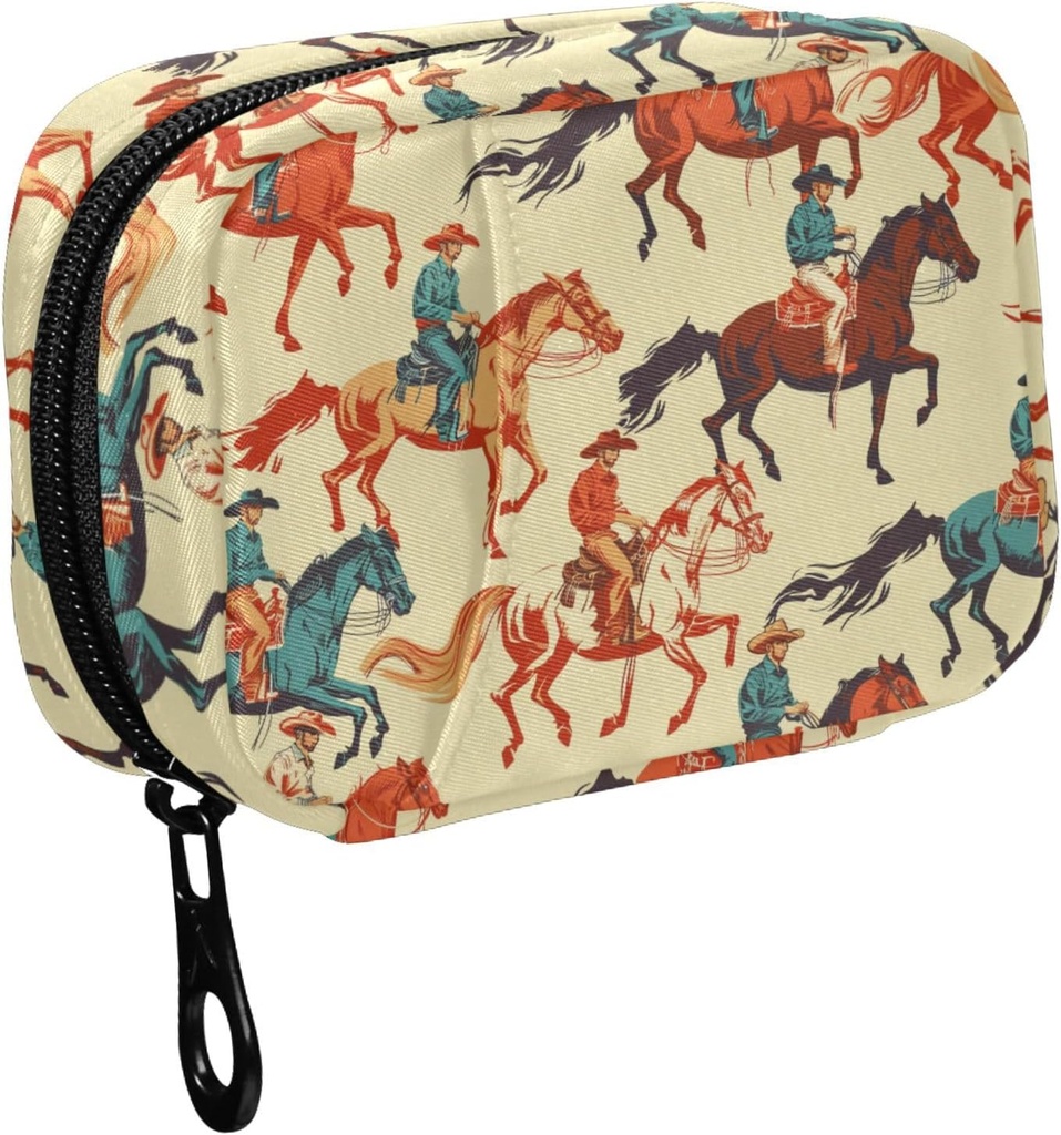 Fustyad levendige Retro Western Cowboy Horse Pill Organizer voor Purse, Weekly Portable Pill Box met rits naar opslag Vitaminen Visolie Medicijnen Supplementen