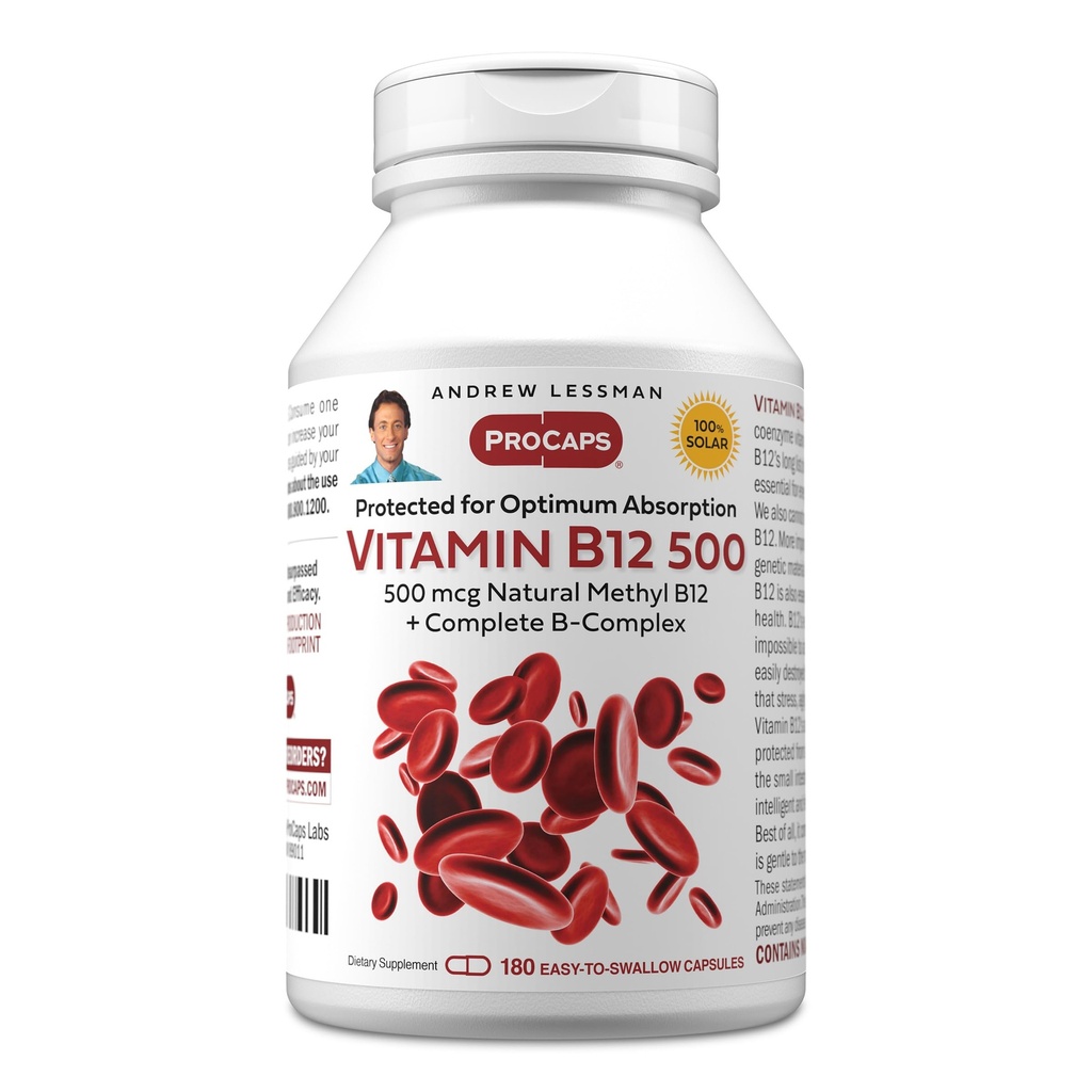 ANDREW LESSMAN Vitamin B12 500 180 Capsules - Absorption-Protected Methylcobalamin (Natural Coenzyme Vitamin B12), Essential for Energy and Stress Support, Plus B-Complex, Easy to Swallow Capsules