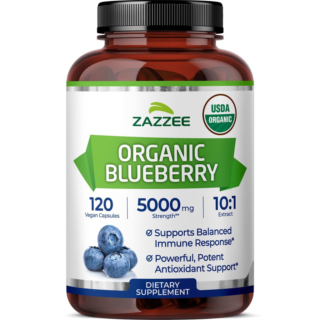 Zazzee USDA Biologische Bosbessen 10:1 Extract, 5000 mg Sterkte, 120 Vegan Capsules, 4 maanden Supply, Geconcentreerd en gestandaardiseerd 10X Whole Fruit Extract, 100% Vegetarisch, Niet-GMO, Made in The USA