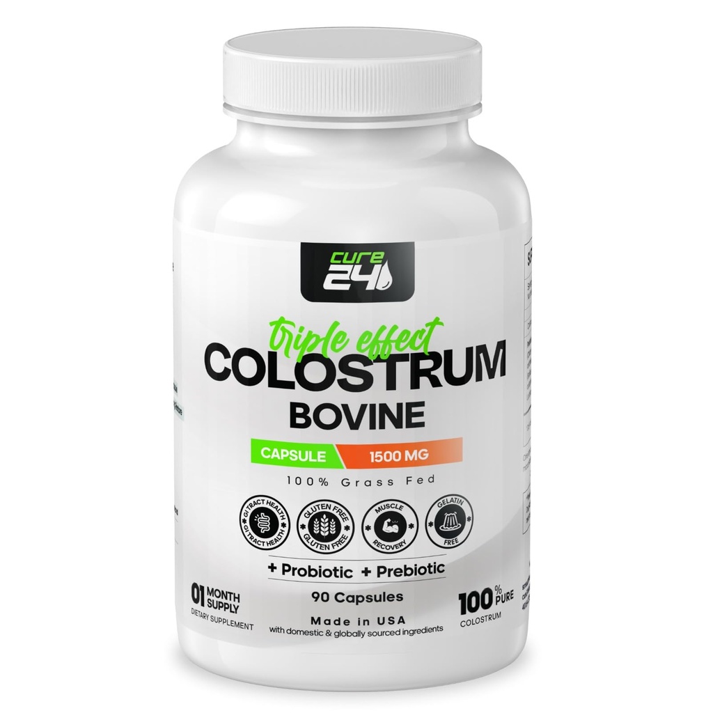 Bovine Colostrum X3 Capsule Supplement voor mensen, 100% Pure Whole Natural Grass Fed Superfood, High IgG, Plus Probiotic & Prebiotic, Made in USA