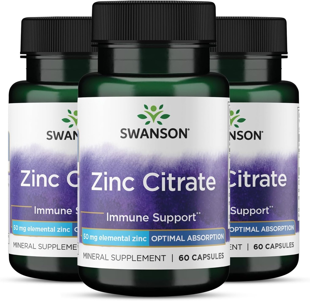 Swanson Zink Citrate - Mineral Supplement Promoting Healthy Vision & Immune System Health - Natural Formula Supporting All Wellness - (60 Capsules, 50mg Each) 3 Pack