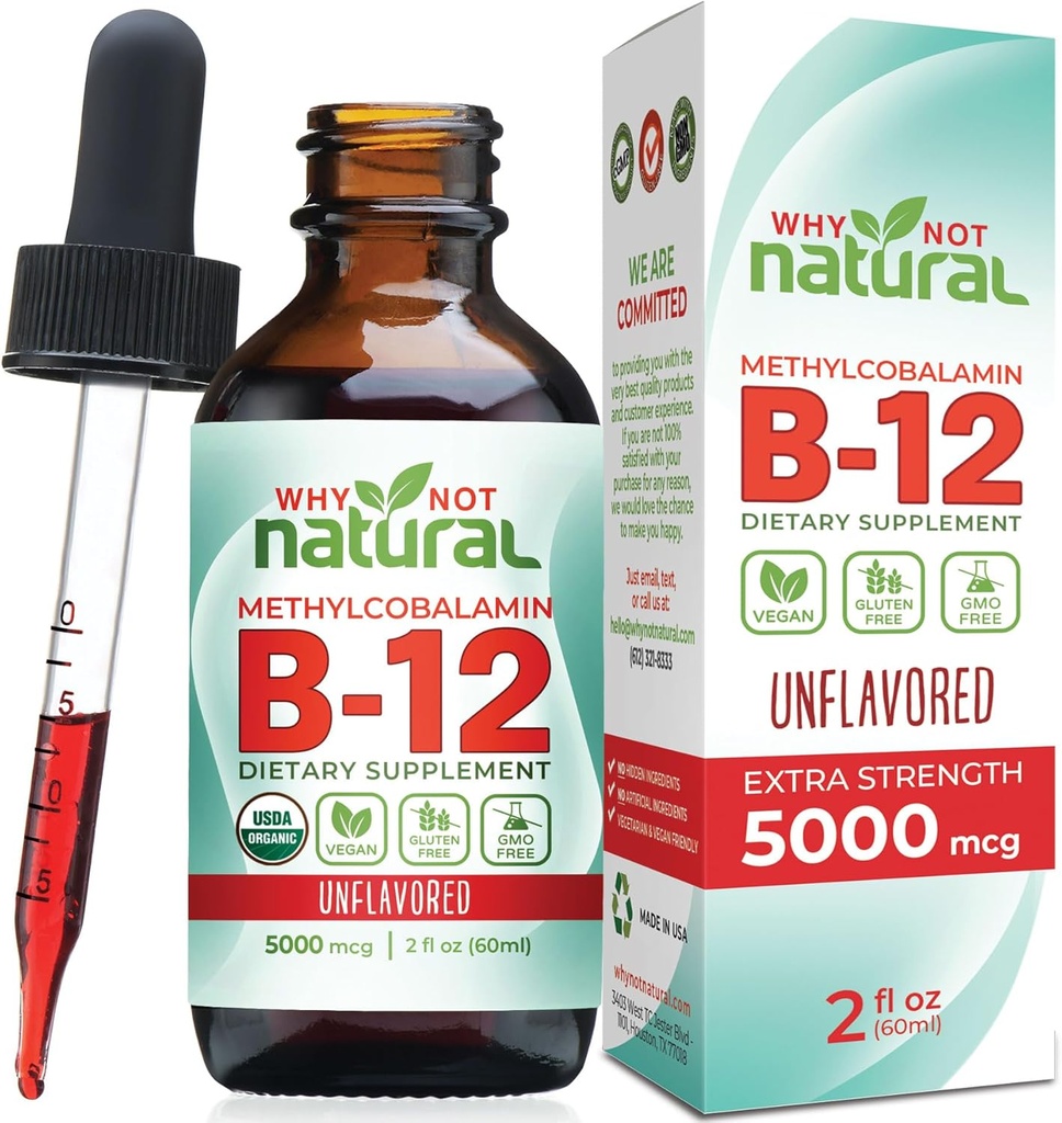 Waarom niet Natuurlijke Biologische Vitamine B12 Vloeistof - Sublingual Extra Sterkte 60 x 5000 mcg Methylcobalamine Drops, Vegan, Maximaliseren Absorptie en Energie