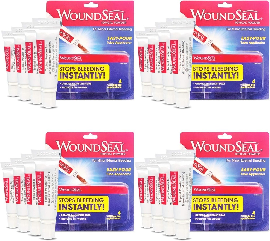 WoundSeal Powder 4 Elk (pakket van 4) - Wound Care Eerste Hulp voor snijwonden, scrapes en schaafwonden - Stopt het bloeden in seconden zonder hechtingen of banden