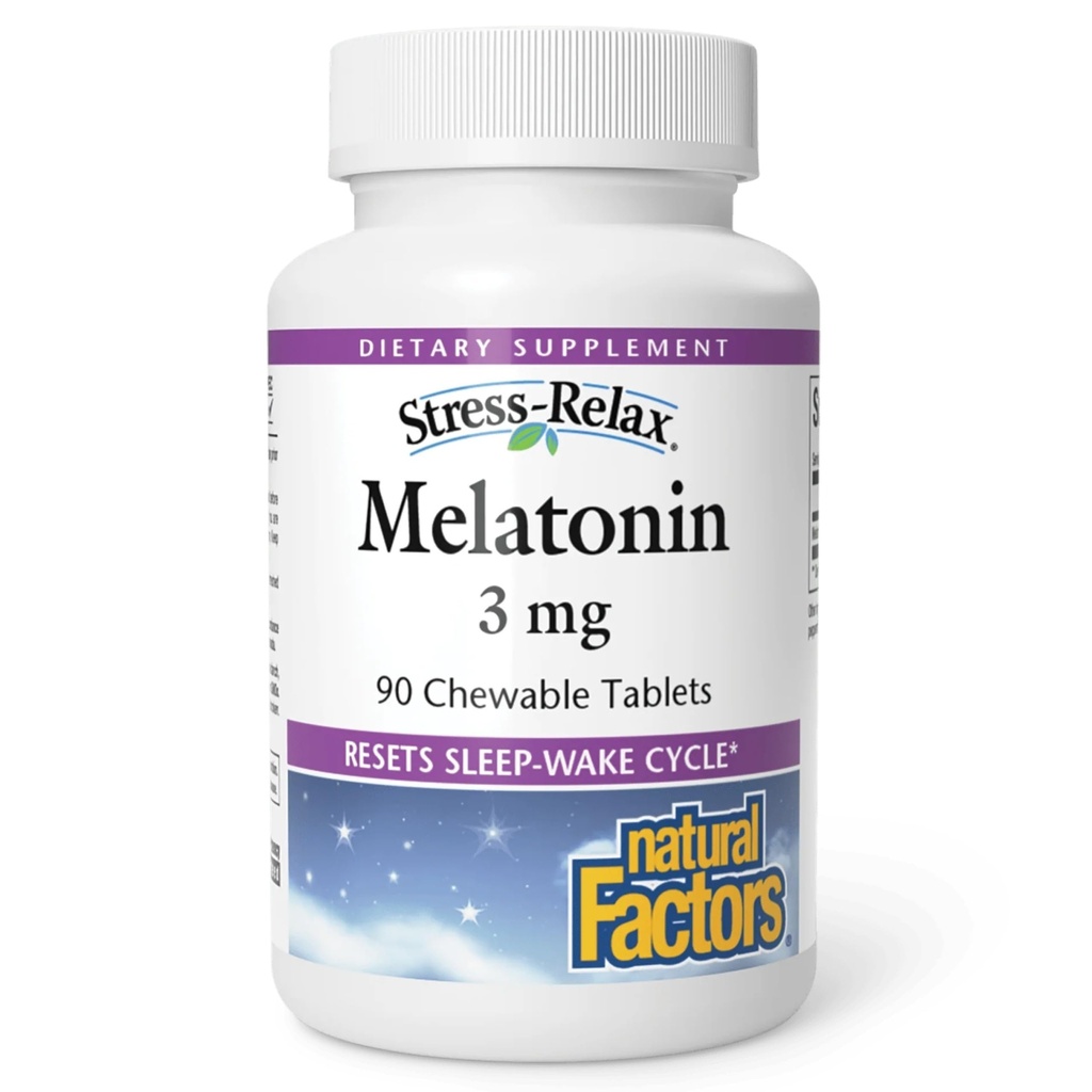 Stress-Relax Melatonin 3 mg par Facteurs Naturels, Aide Naturelle au Sommeil, Réinitialise le Cycle Sleep-Wake, 90 comprimés à croquer (90 portions), Saveur de menthe poivrée